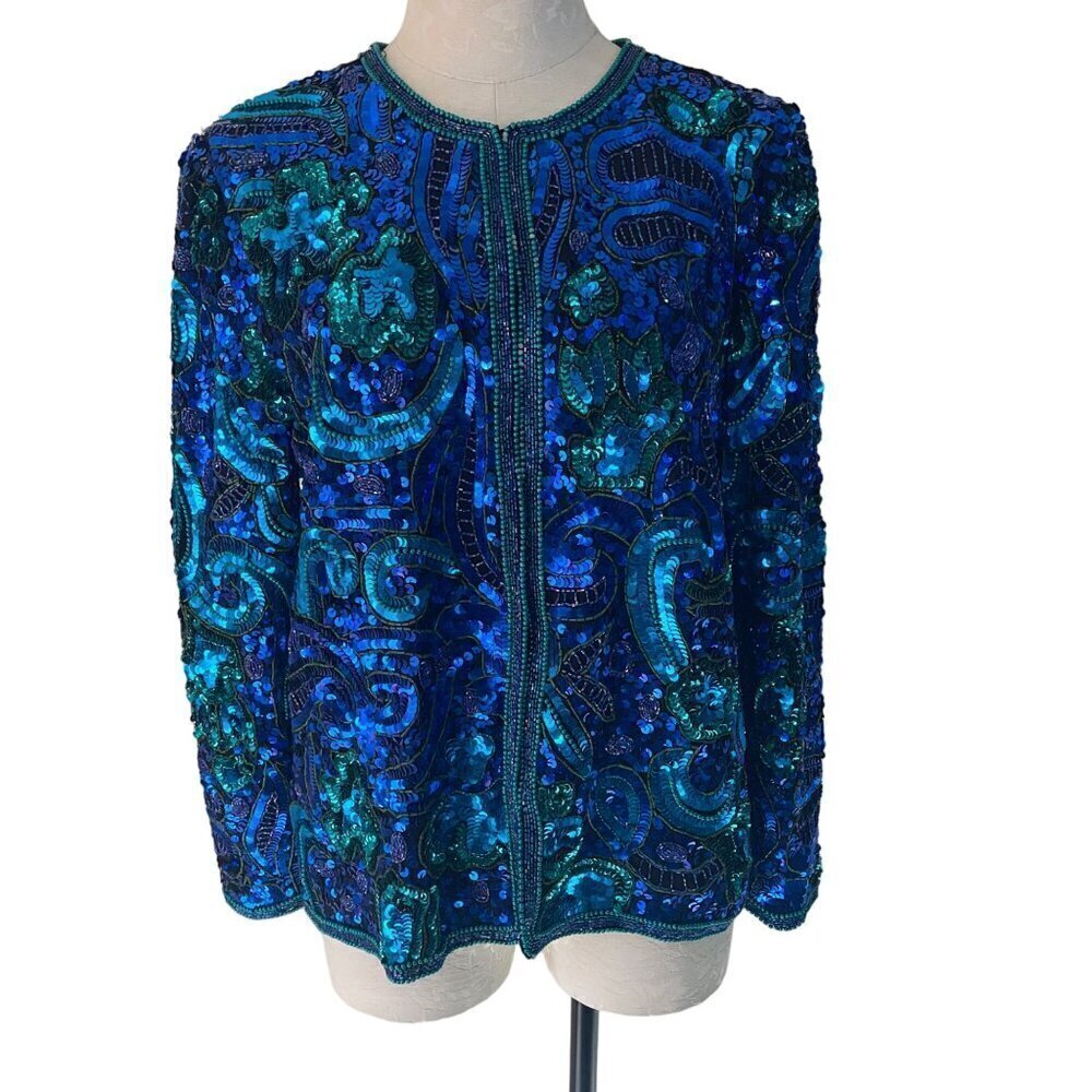 Laurence Kazar Vintage Womens Jacket Size Large Blue Sequin Long Sleeve